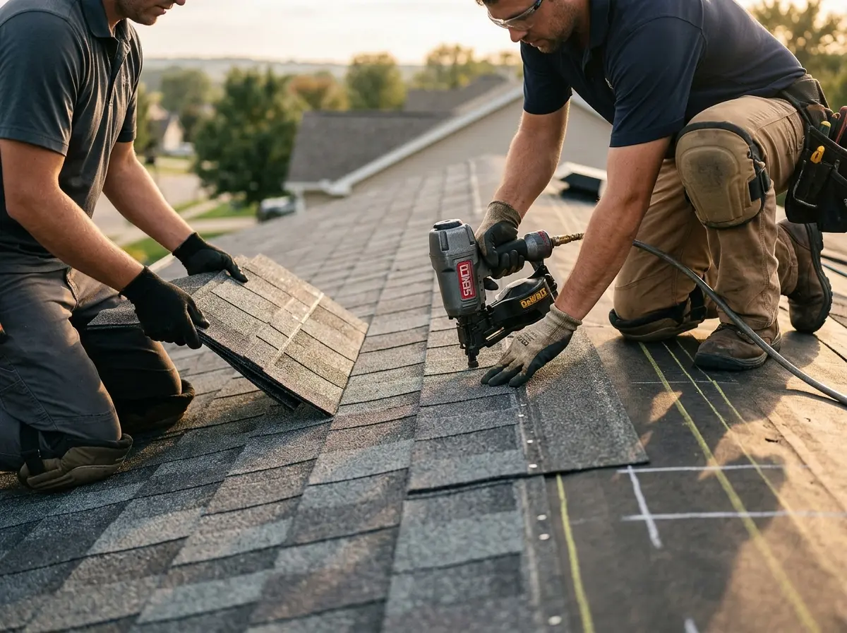Professional roofer working on a residential roof in North Platte